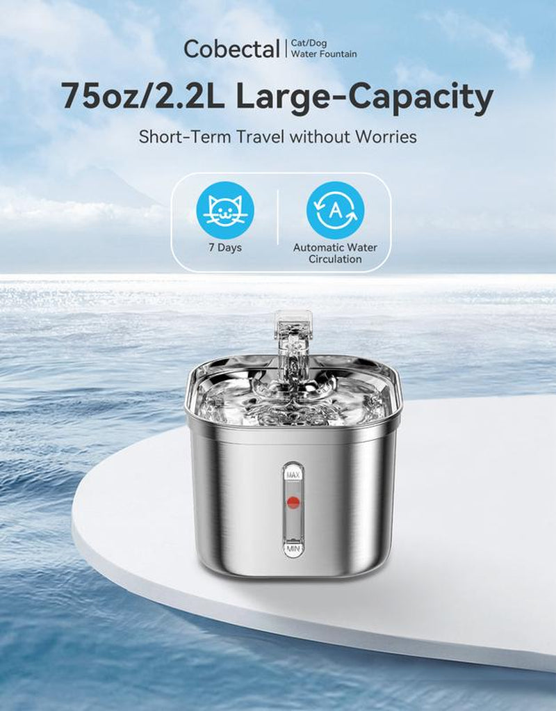 Ultra-Quiet Cat Water Fountain - 2.2L Large Capacity, Food-Grade Stainless Steel, Advanced Filtration, and Faucet-Type Water Flow for Healthy Cats
