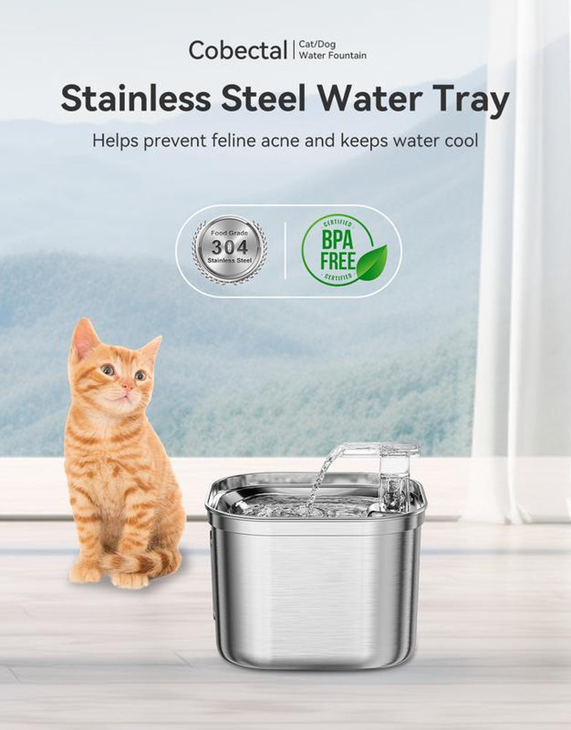 Ultra-Quiet Cat Water Fountain - 2.2L Large Capacity, Food-Grade Stainless Steel, Advanced Filtration, and Faucet-Type Water Flow for Healthy Cats